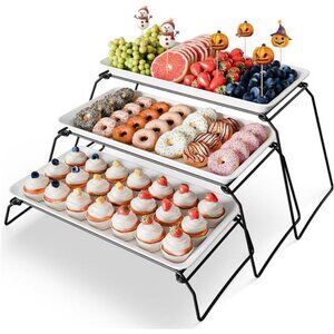 XL 3-Tier Melamine Serving Tray Set, 17"x8.7" Platters with 3 Collapsible Stand